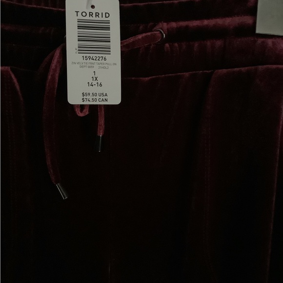 Torrid Zinfandel velvet tie front taper elastic waist, ribbed cuffs, pull on 1X - Picture 3 of 5